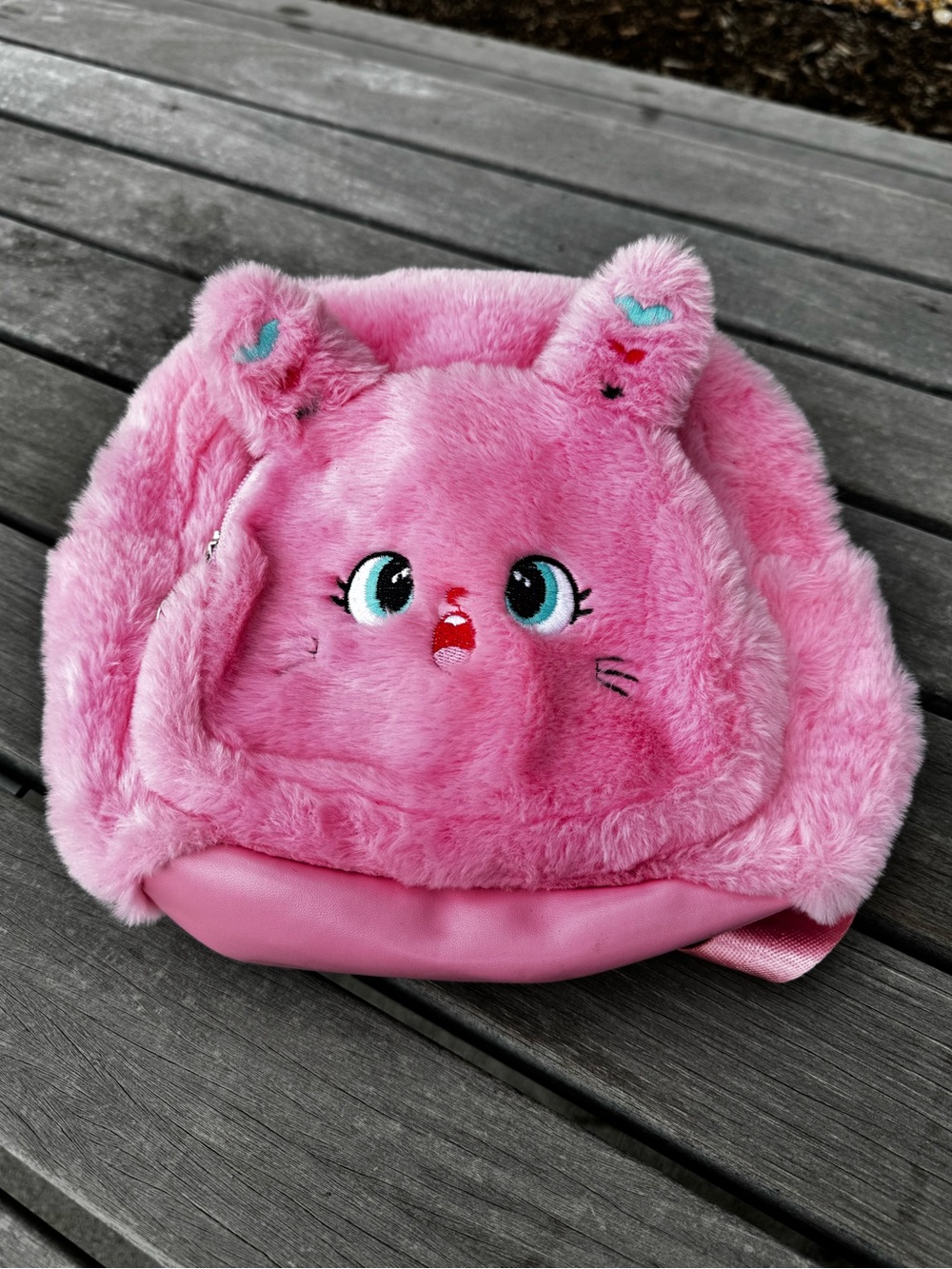 🔴 4/$15 Girls Kids Pink Plush Soft Furry Animal Kitty Small Backpack Bag in EUC